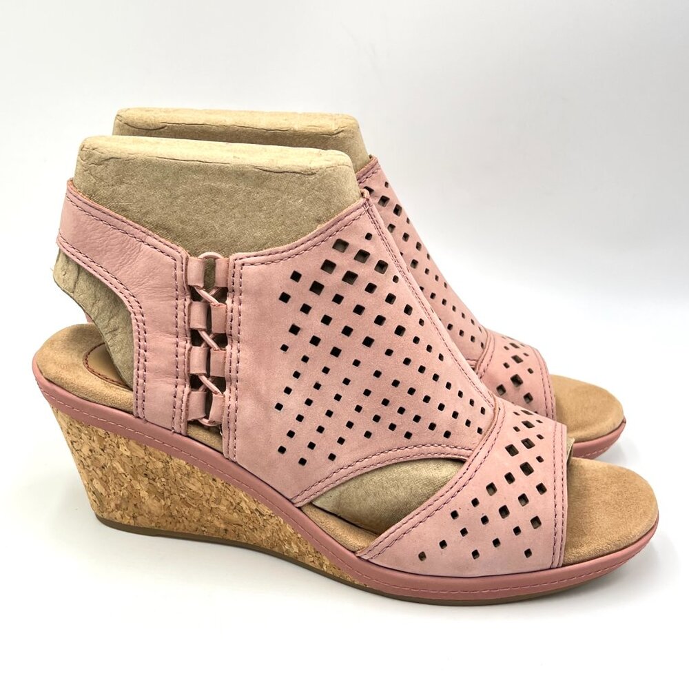 9.5W 9.5 WIDE WIDTH Cobb Hill Womens Janna Pink‎ Leather Wedges Sandals Shoes